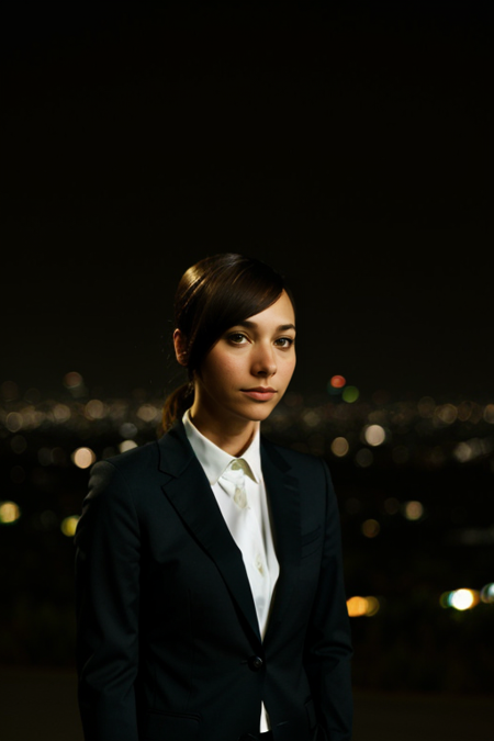 RashidaJones, photography by (Rodney Smith:1.3), ((face focus, shoulders)), (business dress, facing viewer, blurry background, bokeh, ID photo:1.3), night, hills above Los Angeles, lights in valley below, smile, <lora:nighttime_v1:0.8>