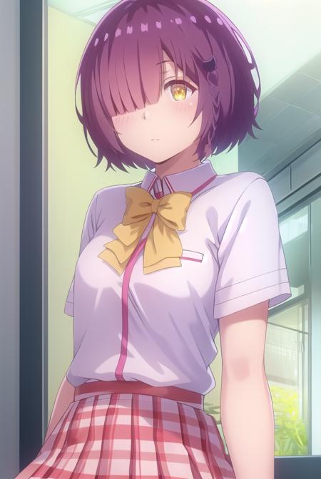 ayanofujimoto, <lora:ayano fujimoto s1-lora-nochekaiser:1>,
ayano fujimoto, short hair, hair ornament, (yellow eyes:1.3), purple hair, braid, (hair over one eye:1.5),
BREAK skirt, shirt, bow, school uniform, white shirt, short sleeves, pleated skirt, shoes, socks, bowtie, plaid, plaid skirt, brown footwear, black socks, loafers, pink skirt,
BREAK indoors, classroom,
BREAK looking at viewer,
BREAK <lyco:GoodHands-beta2:1>, (masterpiece:1.2), best quality, high resolution, unity 8k wallpaper, (illustration:0.8), (beautiful detailed eyes:1.6), extremely detailed face, perfect lighting, extremely detailed CG, (perfect hands, perfect anatomy),