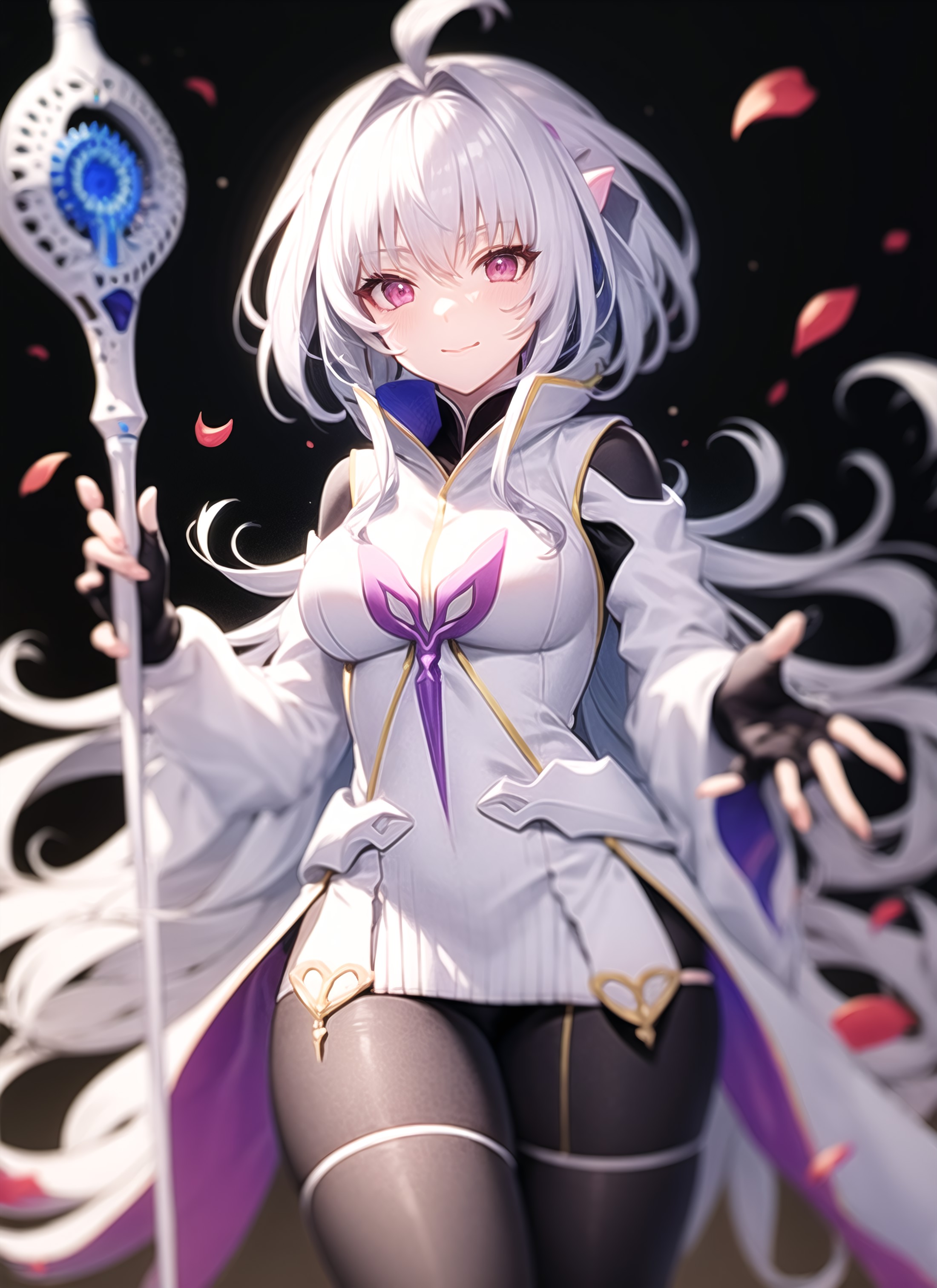 <lora:merlin-000021:1>, def1, black thighhighs, blush, closed mouth, holding, holding staff, medium breasts, petals, sidel...
