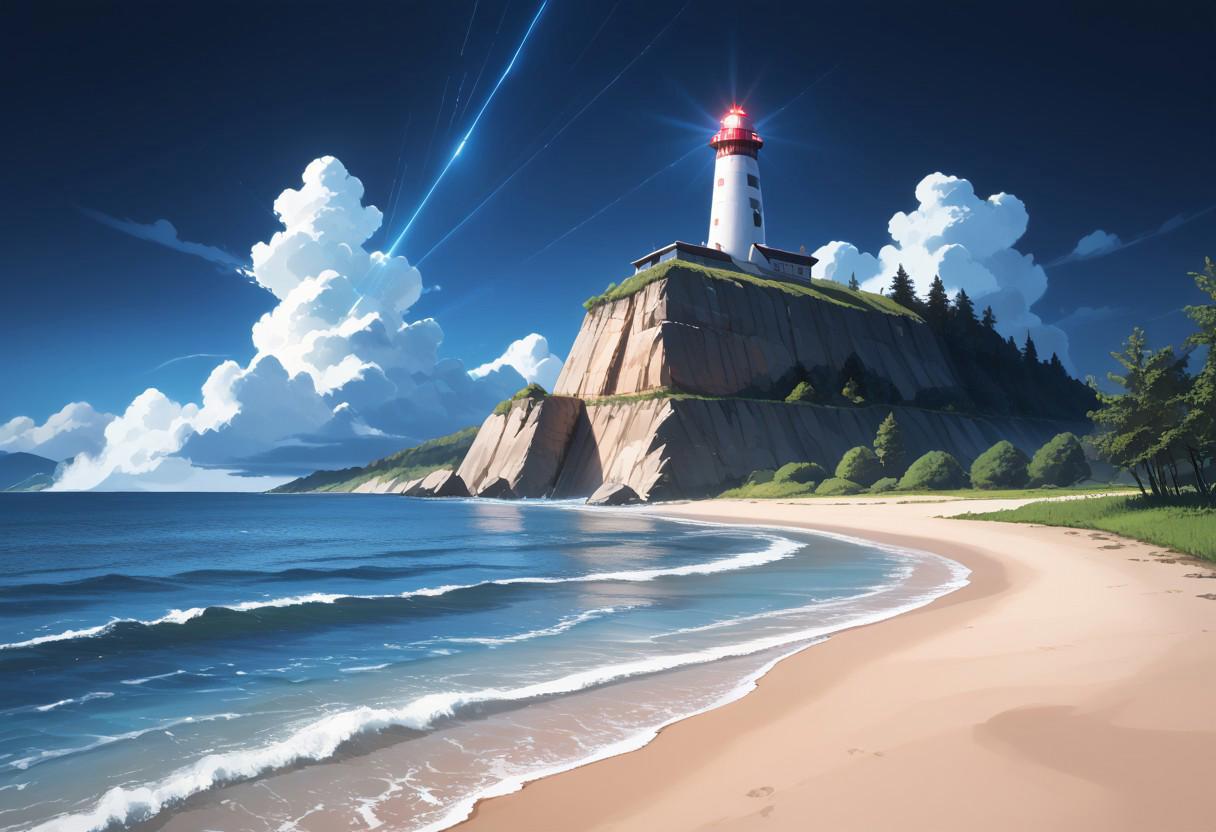 score_9, score_8_up, score_7_up, source_anime, best quality, masterpiece, ultra detailed, landscape, summer, storm, beach, high waves, dramatic sky, glowing horizon, lighthouse, rocky cliffs, cozy cabin, glowing lanterns, adventurous spirit, breathtaking background, mysterious atmosphere