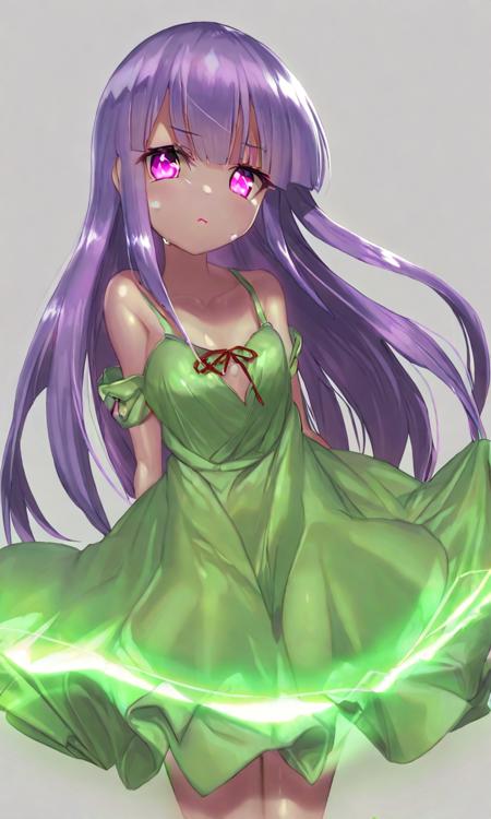 by gesoking, furude rika, 1girl, blood, blunt bangs, breasts, cleavage, cowboy shot, cropped legs, crystal, dress, glowing, glowing eyes, green dress, hime cut, kakera, long hair, purple eyes, purple hair, simple background, small breasts, solo, strap slip, white background, <lora:sdxl - Char - Furude Rika - Bionagato>