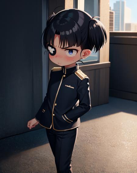 masterpiece, high quality,
isadora, 1girl, solo, blush, short hair, blue eyes,uniform, pants,<lora:isadora_finnsdottir-01:0.7>,standing, angry, black_uniform