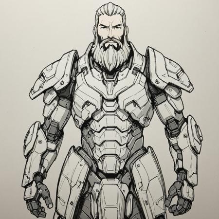 pixlineart, sketch, drawing, man with long beard wearing mecha armor, simple anime style, 2D, Cartoon Rendering