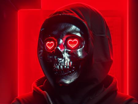 a cute skull with glowing heart eyes wearring (hoody:1.2), soft skin, neon tears from the eyes, (hood:1.2), jantleman, (megastructure and manufacture, constructions in the background:1.2), high detail, (red hearts eyes:1.3), love death robots, modern edgy graphic design, aftereffects, tuned to a dead channel, inspired by Gillis Rombouts, intricate textures, the new love, cybernetic future perfect, gfx association,  <lora:abstractor_yiu_v10:1>