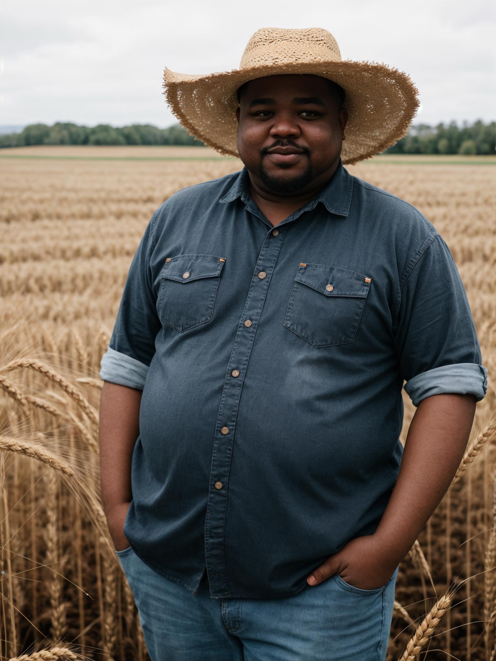 A man wearing a straw hat and a blue shirt standing in a field of wheat.