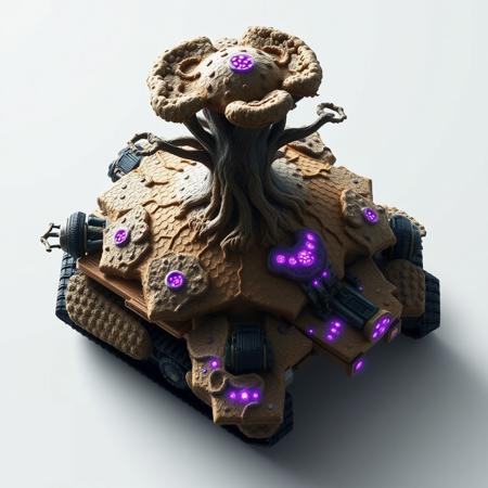 ((top view)), (tank),
Tall tank with fungal tower rising from the center and spreading cap-like armor out over the body.
Chassis: Coral-like chitin plating, semi-organic with branching root textures. Slight iridescence in shifting light.
Tracks: Short, stocky treads with fungal lattice stabilizers over each corner.
Details: Central tower leaks bio-mist during idle. Crust-like armor plates pulse faintly as mycelial network reconfigures.
Lights: Purple luminescence from fungal nodes. Spore lamps blink in repeating bio-patterns.