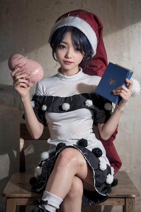 masterpiece, best quality, <lora:DoremySweet:1>,1girl, solo, hat, blue eyes, blue hair, crossed legs, book, tail, dress, smile, looking at viewer, sitting, tapir tail, dream soul, white dress, short hair, pom pom (clothes), nightcap, bangs, letterboxed, red headwear, blob, socks, breasts, medium breasts, capelet, black capelet, short sleeves, white socks, hair between eyes, hands up