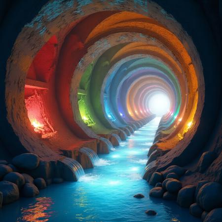 photorealistic scene of a sewer tunnel, its walls glistening with smooth, polished chromium that reflects a kaleidoscope of vibrant colors. The air is thick with a sense of ancient magic, where the golden ratio meets the ingenuity of M.C. Escher. Water cascades with relentless fury through the bottom canal, the sound echoing dramatically in the space while creating misty spray that catches the light. Elven fantasy architecture rises elegantly from the walls, intricate carvings entwining with precious stones, casting shimmering rainbows. The atmosphere is enchanting yet overwhelming, inviting curiosity while hinting at hidden stories in the interplay of light and shadow. Every detail harmonizes in a breathtaking visual symphony, evoking wonder and awe.