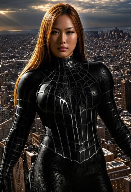 score_9, score_8_up, score_7_up, best quality, realistic, masterpiece, beautiful detail, hyperrealistic, afternoon sky, ((1girl, woman body, big breasts)), amazing detailed full body portrait of a beautiful japanese girl, wearing a realistic and highly detailed black raimi spider-man suit, ((huge muscular girl)), professional model wears ultra - detailed black raimi spider - man suit, ultra - detailed and grained black raimi spiderman suit, suit covered entire body and hand, black spiderman gloves, wet, (spread leg), (full body), (dirty skin), close up, octane render, highly detailed, volumetric, dramatic lighting, (highest quality:1.1), (HDR:1.3), (top quality, best quality), realistic, high definition,