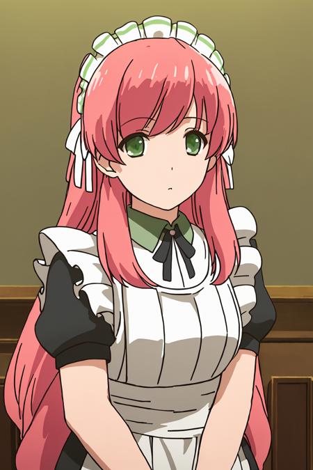 ((masterpiece)), (( best quality)), 1girl, solo, long hair, pink hair, maid headdress, green eyes, maid, apron, ribbon, looking at viewer, upper body, maid apron, bangs, puffy sleeves, empty eyes, <lora:Naigurato-lion8bit-noreg:0.7>,