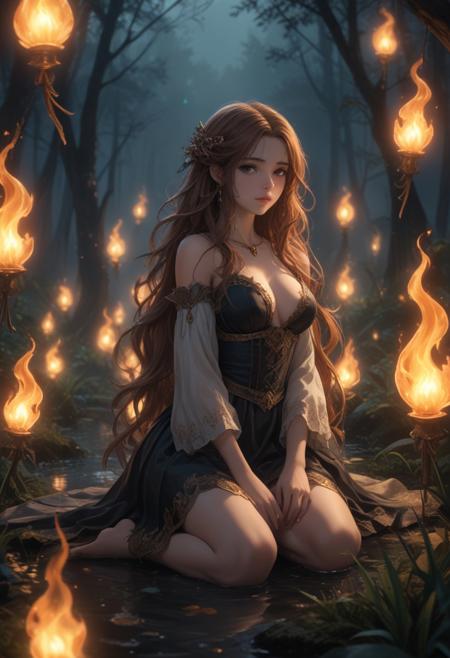 score_9, score_8_up, score_7_up, score_6_up, dynamic, (anime, masterpiece), best quality, (8k), detailed background, sharp focus, intricate, ambient lighting, super high quality, hyper detailed background, cinematic lighting, adult, double tone long hair, medium breasts, verybadimagenegative_v1.3, fantasy, Will-o'-the-Wisp ,eerie lantern light, marshland whisper, lost travelers guide, flicker of mischief, ethereal guide through the fog, phantom glow in the night, whispers of ancient secrets, bearer of hope and despair, dance of the elusive flame, nip slip, sitting