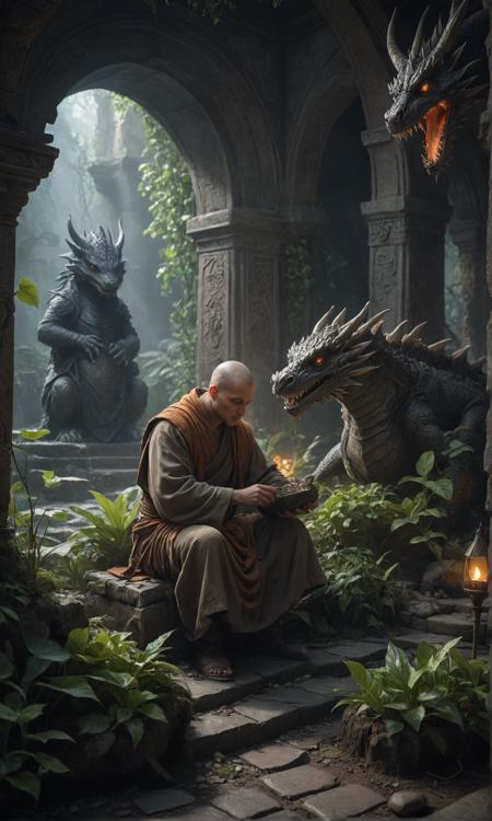 Genial monk planting seeds in a dragon lair, mystical setting, fantasy, detailed environment, cinematic, magical lighting, dragon, serene atmosphere, inspiring composition