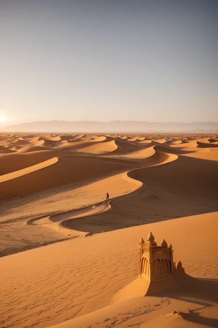ancient desert with massive golden sand dunes, broken pillars sticking from the sands, skeletal remains of a fallen empire, soft golden sunset casting long shadows, windy atmosphere with sand blowing, surreal and mysterious
