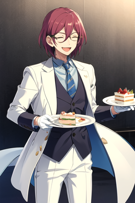 <lora:Ibara-04:0.8>,ibaraes, smile, open mouth, simple background, shirt, gloves, long sleeves, holding, hair between eyes, jacket, closed eyes, flower, :d, cowboy shot, food, open clothes, necktie, glasses, striped, collared shirt, pants, white gloves, vest, open jacket, fruit, ^_^, formal, white jacket, suit, blue shirt, black background, facing viewer, plate, cake, striped shirt, white pants, fork, blue vest, striped necktie, holding plate, waistcoat, holding fork