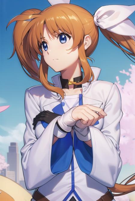 nanohatakamachi, <lora:nanohatakamachi-lora-nochekaiser:1>,
nanoha takamachi, (takamachi nanoha:1.5), long hair, blue eyes, brown hair, hair ribbon, (side ponytail:1.5), white ribbon,
BREAK magical girl, jacket, collar, puffy sleeves, long sleeves, white jacket,
BREAK looking at viewer, full body, upper body,
BREAK outdoors, city, sky,
BREAK <lyco:GoodHands-beta2:1>, (masterpiece:1.2), best quality, high resolution, unity 8k wallpaper, (illustration:0.8), (beautiful detailed eyes:1.6), extremely detailed face, perfect lighting, extremely detailed CG, (perfect hands, perfect anatomy),