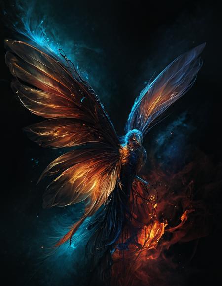Fairy tale a colorful abstract image of a wing with a black background and a blue background with a red and orange wing,an ultrafine detailed painting,concept art,<lora:Abstract Concept-glowing:0.4>,concept art,glowing,,concept art,glowing,Eddie Mendoza,, lily \(flower\),<lora:CB-Fantasy-000008:1>, Charlie Bowater, trending on art station, emerald \(gemstone\), . Magical, fantastical, enchanting, storybook style, highly detailed