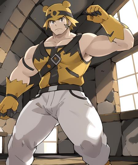 best quality, masterpiece, voldon, standing, dojo, gym, muscular, 1man, hat, tanktop <lora:Voldon-13:0.8> sugimori ken \(style\)<lora:pokemon_v3_offset:1>