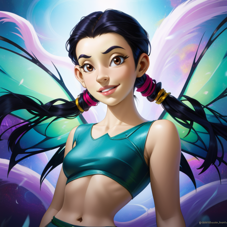 Hay,solo,low twintails,black hair,brown eyes,upper body,
standing,
teal top,midriff,thighhighs,small fairy wings,long purple pelvic curtain,
wind,from below,light smile,
(insanely detailed, beautiful detailed face, masterpiece, best quality),<lora:HayLin-10W2:0.8>,