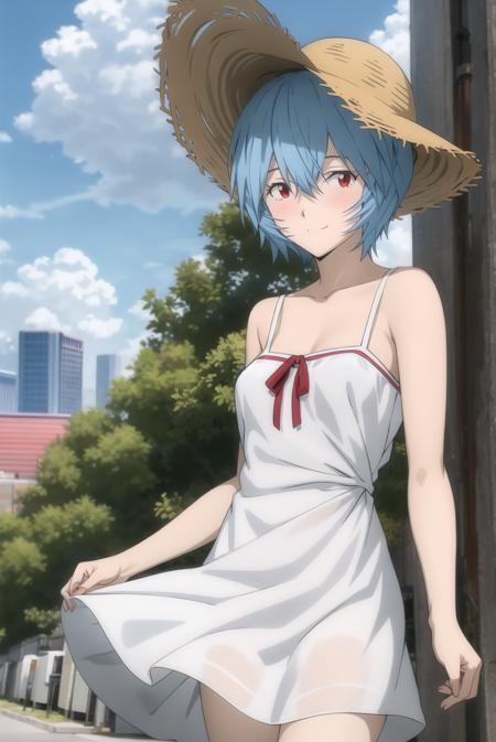 rebuild style, ayanami rei, 1girl, blue hair, short hair, red eyes, white sundress, wind, looking at viewer, cityscape, cowboy shot, smile, closed mouth, blush, straw hat, summer,  <lora:rebuildOfEvangelion_v4b-26:0.7>,