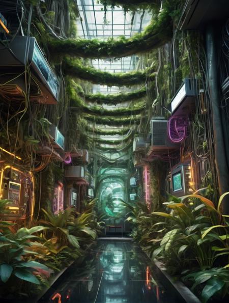 Hyperrealistic art Create a picture of an electronic jungle where swirling circuits and neon vines create cyber ecosystems where connectivity is the key to survival,high quality,highres,masterpiece, . Extremely high-resolution details, photographic, realism pushed to extreme, fine texture, incredibly lifelike