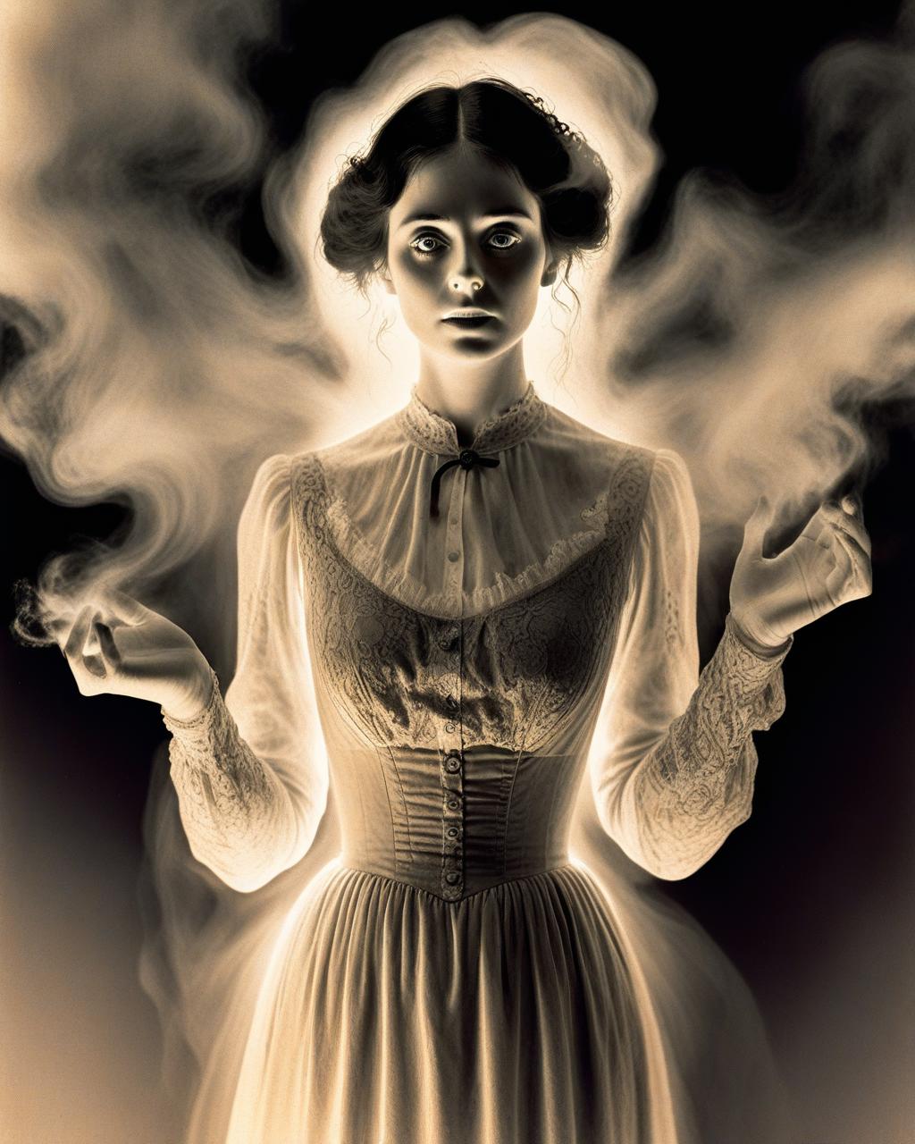 1800s, Victorian era, embarrassed lady, dark hair, realistic, standing, glowing ectoplasm, a scary ghost, Victorian dress, black dress, beautiful dark eyes, long eyelashes, long sleeves, vintage image, sepia, steaming body, backlight, hyperdetailed