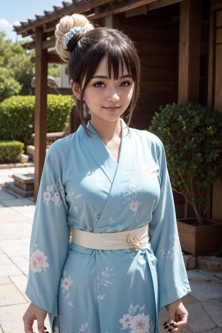 kimono, blue nails, japanese clothes, smile, 1girl, solo, blue sky, blue eyes, looking at viewer, fingers,long hair, sash, bangs, breasts, floral print, obi, yukata, blush, scrunchie, large breasts, hair bun, hair ornament, wide sleeves, blue kimono, blue scrunchie, wrist scrunchie, light brown hair, white kimono, long sleeves, single hair bun, print kimono