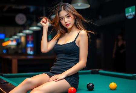 The most stunning girl, short minidress, cotton ribbed, wispy hair, delightful playful mood, 22yo, (((22yo))) pretty, elegant body and sensual form, down blouse cuteness, nice ass, 22yo, 22yo, college, legs open, playing pool sensual pose, erotic magazine cover