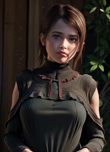 (8k, best quality, masterpiece:1.2), (realistic, photorealistic, photo-realistic:1.37), ultra-detailed, beautiful detailed eyes, beautiful detailed nose, (((balanced eyes))), ((upper body 1:2)),((big breasts)), (((sweater))), natural skin texture, 24mm, 4k textures, soft cinematic light, adobe lightroom, photolab, hdr, intricate, elegant, highly detailed, sharp focus, ((((cinematic look)))), soothing tones, insane details, intricate details, hyperdetailed, low contrast, soft cinematic light, dim colors, exposure blend, hdr, faded, slate atmosphere,  <lora:Ellie_V1:0.75> , (((high collar cloak))), (((black dress))), (((apocalypse)))