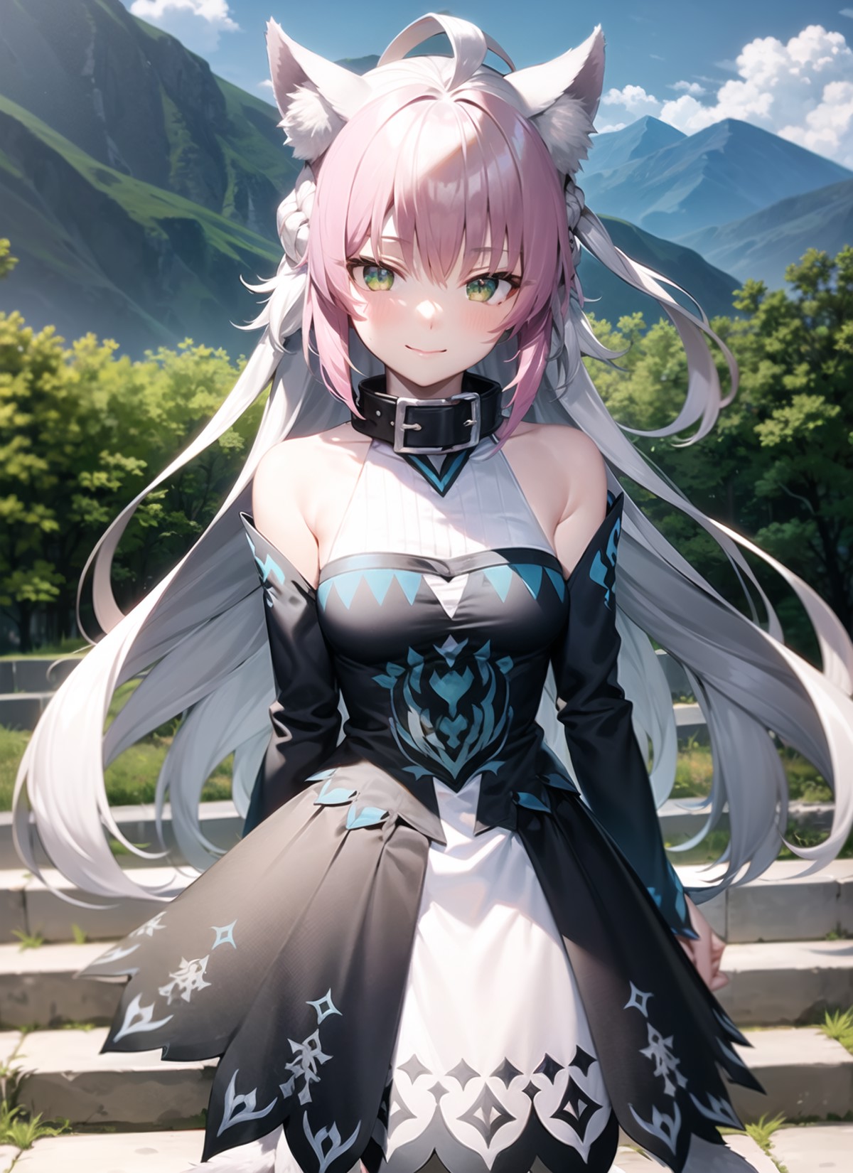 <lyco:atalanta2-000007:1.0>, atalantaalterone, standing, upper body, smile, blush, outdoors, day, simple background, blue ...