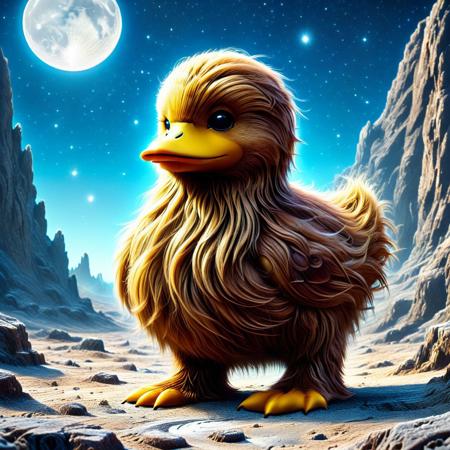 A colorblind bright yellow duck over in Wookiee Hair, standing near a bear in the moon surface, 
score_9, score_8_up, score_8_up, masterpiece,super detailed face, super high resolution, FaceDetail, masterpiece-level, highly detailed, intricate details, detailed background, complex background, cinematic, intricately detailed illustration, depth of field, masterpiece, best quality, amazing quality, very aesthetic, absurdres, newest, very awa, shadow, dynamic angle,