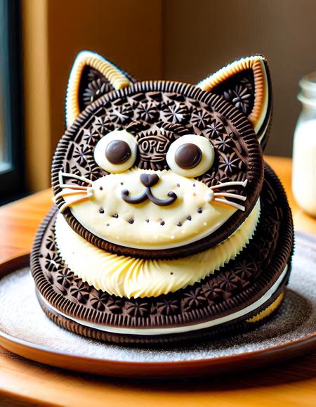a fluffy cat shaped like a cookie, round chubby body with chocolate chip textures, frosting ears, caramel eyes, lying on a bakery table, soft ambient lighting, hyperrealistic textures, shallow depth of field, (cookie surface detail:1.3), (baked color palette:1.2), (cute facial expression:1.1), <lora:Creamy_Cookie_-_World_Morph.safetensors:1.0>, <lora:SDXL\Challenge_Winnifier_2025-05.safetensors:0.75>
