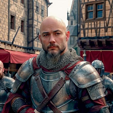 guard:1.3, <lora:RPGGuard:0.8>  male focus, boots,  holding sword, sword, red cape, scar on face, sky, armor, facial hair, beard, multiple boys, 6+boys, realistic:1.3, bald, chainmail, castle, (medieval city street:1.1), (professional lighting:1.2)