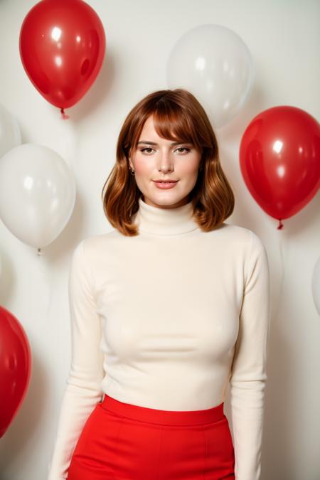 fashion portrait photo of beautiful young woman from the 60s wearing a red turtleneck standing in the middle of a ton of white balloons, taken on a hasselblad medium format camera, <lora:Bella_Thorne:1>,  <lora:more_details:0.7>,  <lora:epi_noiseoffset2:0.6>