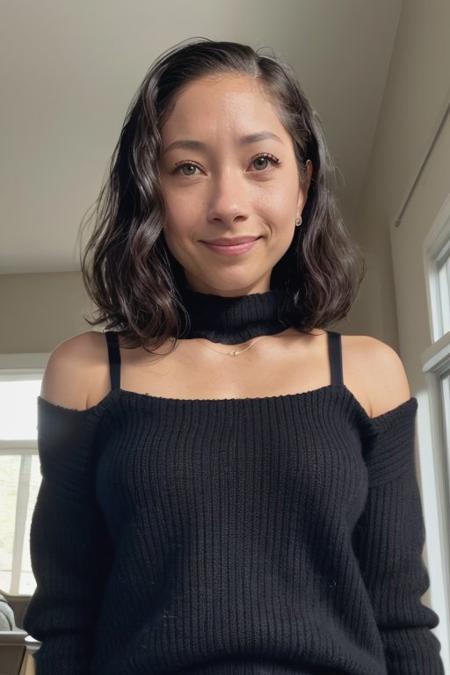 picture of lilykawaii, smile, wearing black_sweater, facing_viewer, looking_at_viewer, photorealistic