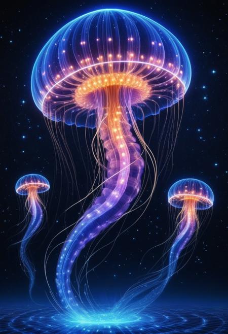 An endless ocean that glows from within, its waves composed of liquid sapphire, shifting between transparency and deep midnight blue. Above, massive cybernetic jellyfish drift gracefully, their tendrils forming neon circuitry patterns across the sky. Floating spirals of woven metal rise from the water, constantly twisting into new labyrinthine shapes, reflecting distant stars like liquid mirrors. Occasionally, holographic fish leap from the water, leaving behind trails of binary code that shimmer briefly before dissolving into the ether.