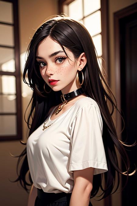SFW,highest quality,woman,27 year old,backlighting,blurry background,blush,, ,metal slave collar with a big ring,earrings,forehead,freckles,hair,jewelry, hair,looking down,pointy nose, red lips glossy,shadow, full length,  Top to mid-chest, skirt, large neckline solo,thick eyebrows,thick eyelashes,upper body, very long hair,metal slave collar with a big ring, cuffs((masterpiece)),