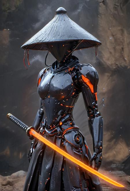 Craft a captivating vibrant dark black-neon caption for a photo capturing the essence of a cyborg woman Bedouin sorcerer in fight stance, blue eyes, defying expectations by conjuring a whimsical robot 'freak' from an oversized sedge  hat. ethereal, smoky backdrop. throwing a translucent orange/tanslucent purple/black iaidow, weapon, katana, holding sword, ready to draw, sheathed, unsheathing, scabbard,, 
 very detailed, atmospheric haze, Film grain, cinematic film still, shallow depth of field, highly detailed, high budget, cinemascope, moody, epic, OverallDetail, gorgeous, 2000s vintage RAW photo, photorealistic, candid camera, color graded cinematic, eye catchlights, atmospheric lighting, skin pores, imperfections, natural, shallow dof