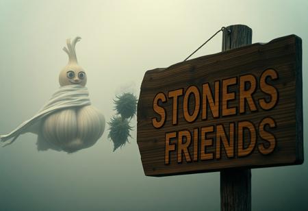Picture a foggy, otherworldly scene where a human-like garlic figure hovers, its face bearing expressive eyes and a windswept cloak wrapping around its form. Nearby, a relaxed weed bud character leans in, exhaling smoky curls that merge with the swirling air. To the side, a weathered wooden sign reads STONERS FRIENDS—the letters carved deep into the wood, as if seared by fire, darkened and charred around the edges. The high-resolution, award-worthy image has the grainy, nostalgic warmth of a 35mm photograph, with Kodachrome tones and a subtle vignette that lend a surreal, Lomography-inspired atmosphere.