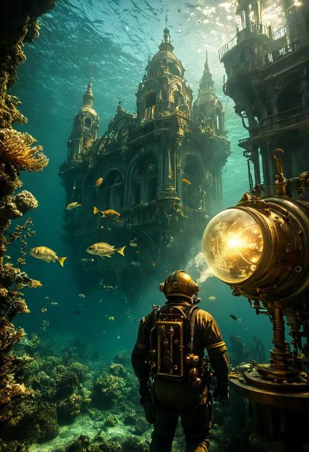 Underwater steampunk city, 8K, photorealistic, ((masterpiece, hyper-detailed)), crystalline waters, brass and copper structures, highres, ultra-sharp focus, A vast submerged metropolis of Victorian-era buildings and clockwork mechanisms. Giant glass domes protect intricate gardens while schools of mechanical fish swim between ornate spires. Steam billows from underwater vents, creating a mysterious haze. In the foreground, a diver in an antique diving suit operates a complex brass control panel, illuminated by the warm glow of bioluminescent sea creatures.