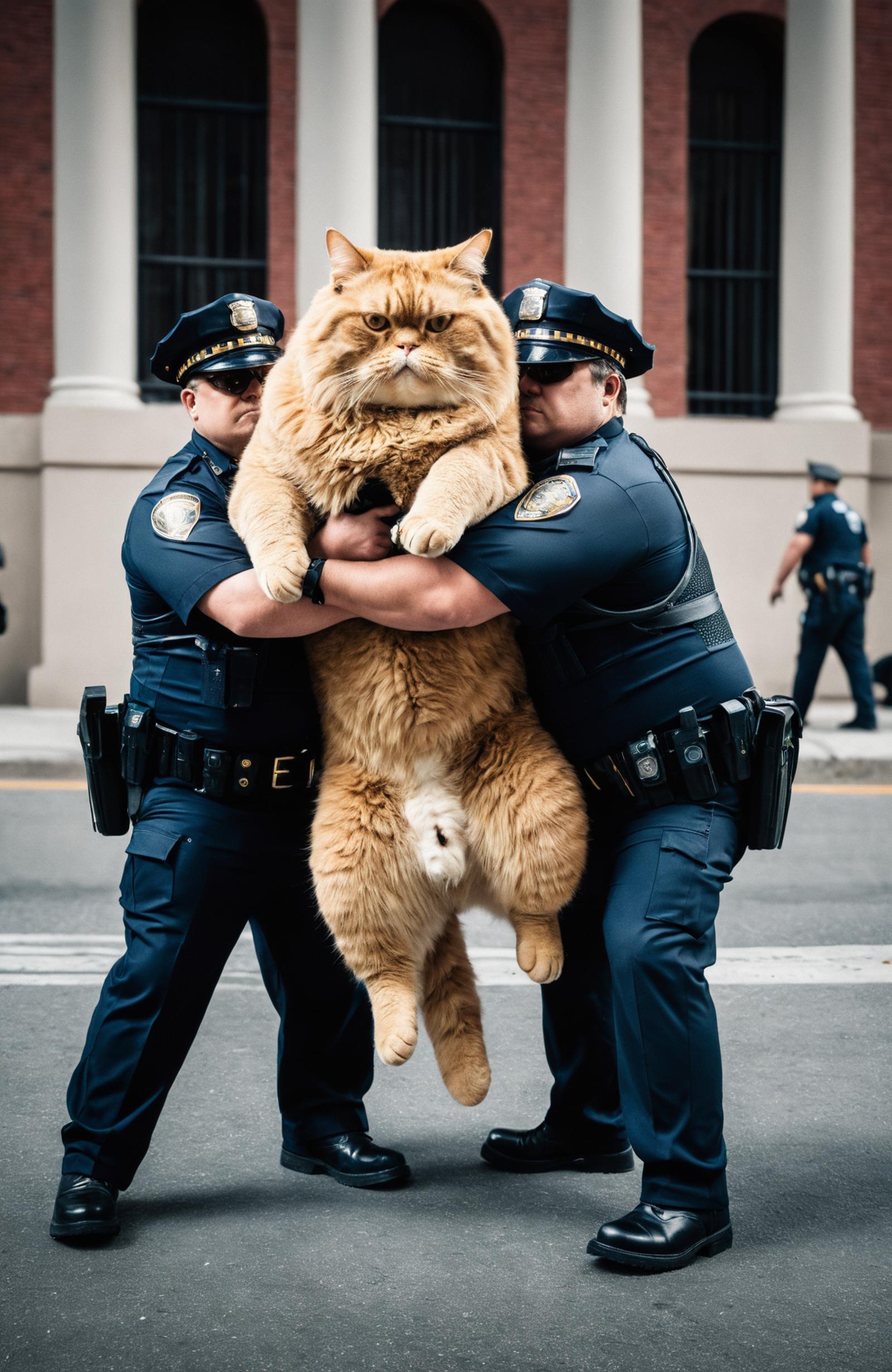 Two police officers holding a large orange cat in the air.