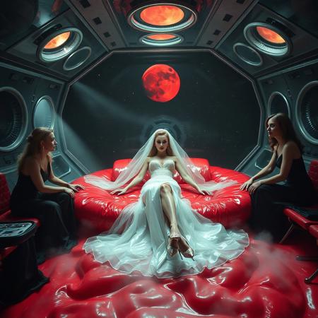 high-society elegant slender norvegian  rich   innocent young bride wearing   glossy silver high heels and glossy transparent slime  high slit wedding gown with matching long veil,  laying in   whorish lush  glossy red foil breeding  bed in center of alien breeding space capsule, legs spreade wide apart by  by arrogant ladies wearing glamour glossy black evening gowns and glossy high heels, sitting  and holding her legs and arms, eerie fog that wafts up from the fleshy jelly floor, encased in light beam from the chamber celling, awaiting her alien master, strugging to break free and escape, transparent crystal walls,  colossus observation portholes to outer space full of stars, bright red moon, vintage-inspired makeup, long hairs, ultra thin waist, evil grin, porcelain skin, lipstick, red nails, in the style of a haunting, retro-futuristic 1950s sci-fi nightmare, horror, alien space base,