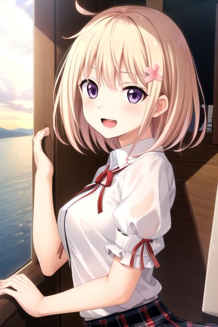 ((masterpiece)),(best quality),official art,extremely detailed CG,unity 8k wallpaper,ultra detailed,beautiful detailed eyes,extremely detailed face,A lighthouse on a cliff by the sea,1girl,solo,upper body,(portrait:1.2),looking at viewer,facing viewer,Hoshimi Kano(unoneno),:d,open mouth,blonde hair,short hair,hair flower,hair ornament,bangs,purple eyes,school uniform,white shirt,taut shirt,short sleeves,puffy sleeves,red ribbon,medium breasts,miniskirt,black skirt,plaid skirt,frilled skirt,white socks,loafers,<lora:Hoshimi Kano(unoneno)>,