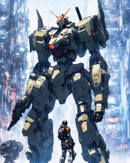 cyber pilot Soldier in front a mecha, ready to the battle, anime studio, (masterpiece:1.1)