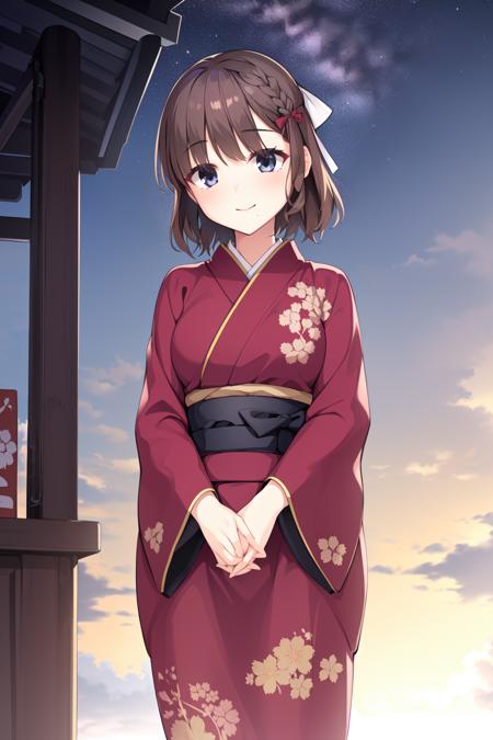 (masterpiece), (best quality), (ultra-detailed), photorealistic, (best illustration), ((an extremely delicate and beautiful)), 1girl, solo, cowboy shot, (hair ribbon), hair bow, white ribbon, red bow, (mole under mouth:1), french braid, (print kimono), obi, own hands together, standing <lora:asahi_nai_3:0.6:lbw=OUTD>, winter, shrine, night sky, scenery, smile