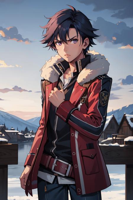 masterpiece, best quality, rean schwarzer, sen2rean, red coat, fur trim, black shirt, brown belt, blue pants, furrowed brow, serious, cowboy shot, winter, village, grey sky, looking at viewer, snow, fist <lora:rean-nvwls-v1-000009:0.9>