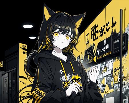 (best quality, masterpiece), (1girl, solo, cat ear black hood, standing, yellow eyes, black hair, leaning, upper body), (less light, black yellow room, Yellow graffiti behind, disorderly spray cans),