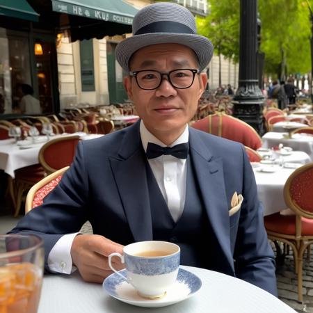 asian, <lora:houseman:0.82>,glasses,housemanku,An English gentleman sitting at a Parisian street caf, enjoying tea, dressed in refined and elegant attire such as a tailored suit and bowler hat, holding a fine china teacup. He is seated at an outdoor table adorned with a classic tablecloth, surrounded by iconic Parisian architecture and cobblestone streets. The scene should be as realistic as a high-resolution photograph, with soft and romantic lighting that captures the charm and sophistication of both the character and the setting, (masterpiece:1. 0), (best quality:1. 4), (ultra highres:1. 2), (intricate details:1.3), (soft focus:1. 4), (sharp focus:1. 4),Raw photo,1man,