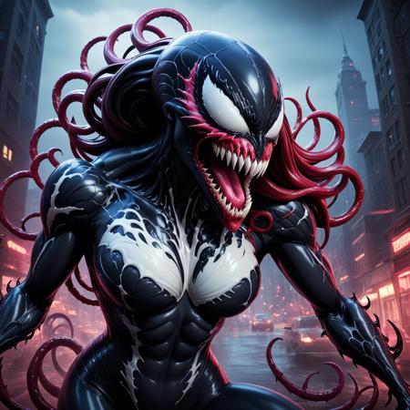 concept art <lora:She-Venom-FFuison-minset:1>she venom, carnage, venom, symbiote, venom symbiote, venomized, 3 d render character art 8 k, carnage fangs, painted in zbrush, hyper real render, dan mumford octane render, rendered in sfm, dan mumford 8 k octane render, hyper realistic fantasy monster, venom costume, huge big breasts . digital artwork, illustrative, painterly, matte painting, highly detailed