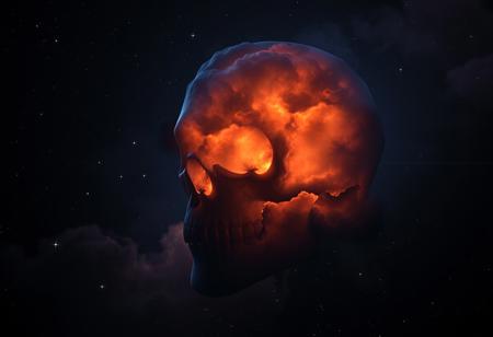 photorealistic dark cosmic nebula like a semi-transparent skull made of clouds with fangs, in hues of black, orange, blue, and purple, and with 6 diffraction lines on stars