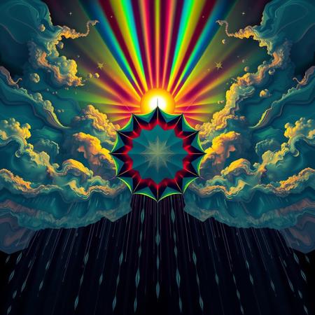 fractal clouds with gradient colors, crystallized sun with rainbow rays, octagonal rain falls